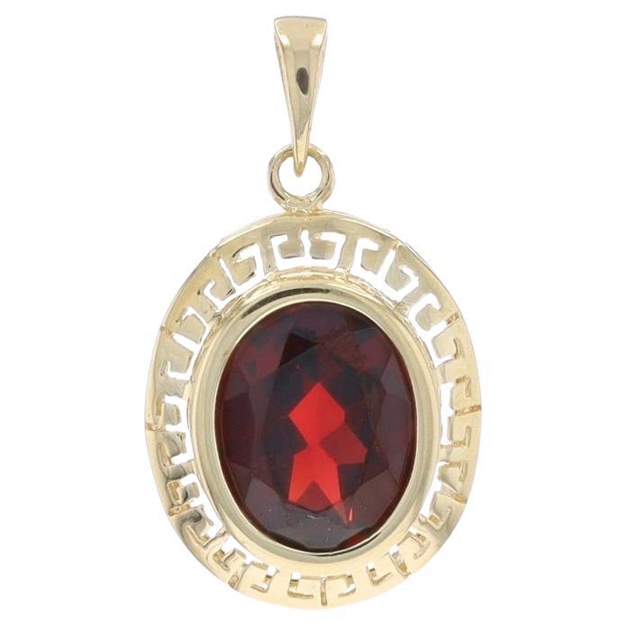 Yellow Gold Garnet Solitaire Pendant - 14k Oval 2.80ct Greek Key For Sale