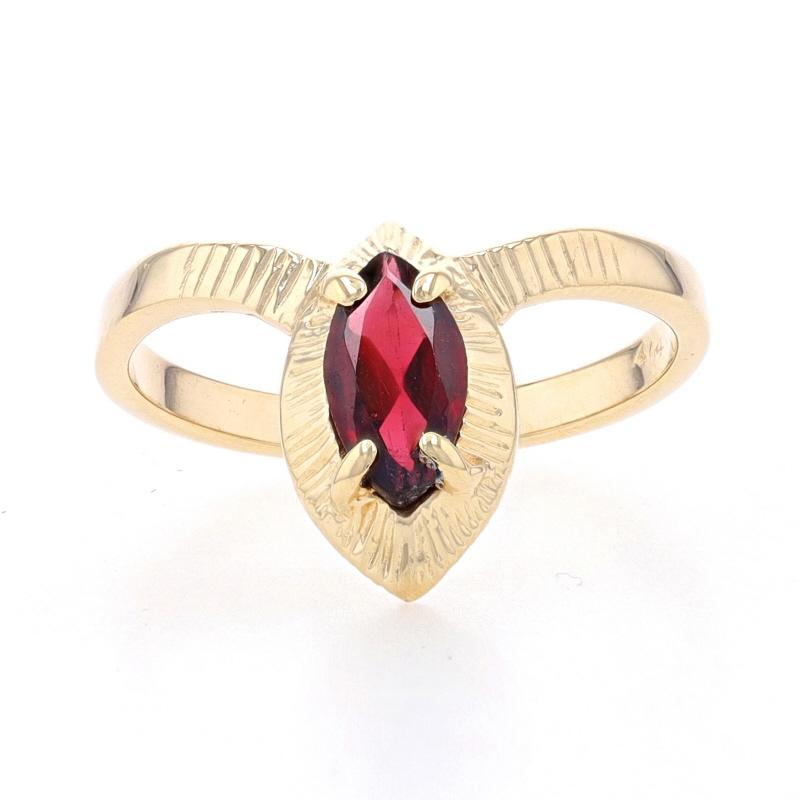 Size: 5 1/2
Sizing Fee: Up 2 sizes for $35 or Down 2 sizes for $30

Metal Content: 14k Yellow Gold

Stone Information

Natural Garnet
Carat(s): .60ct
Cut: Marquise
Color: Red

Total Carats: .60ct

Style: Solitaire
Features: Smoothly Finished with