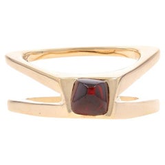 Yellow Gold Garnet Solitaire Ring - 14k Square Cabochon Geometric Triangular