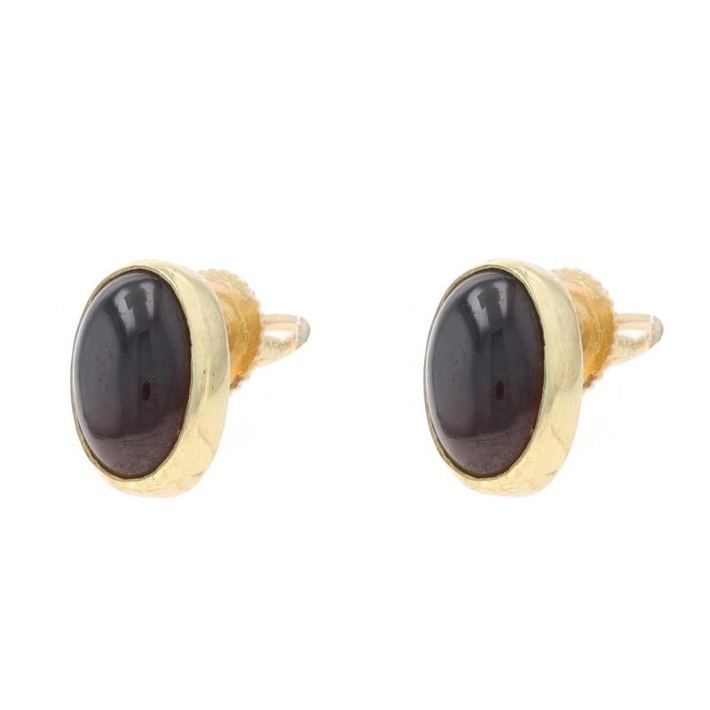 Oval Cut Yellow Gold Garnet Stud Earrings - 14k Oval Cabochon 3.00ctw Bezel Set Pierced For Sale