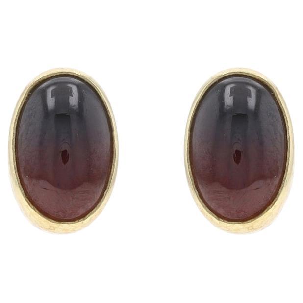 Yellow Gold Garnet Stud Earrings - 14k Oval Cabochon 3.00ctw Bezel Set Pierced