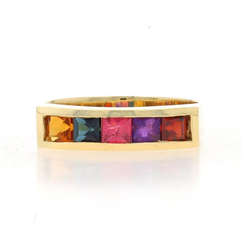 Yellow Gold Garnet Tourmaline Citrine Five-Stone Band - 18k Square .82ctw Ring For Sale
