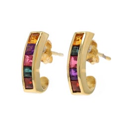 Yellow Gold Garnet Tourmaline J-Hook Earrings 18k Square 1.30ctw Channel Pierced