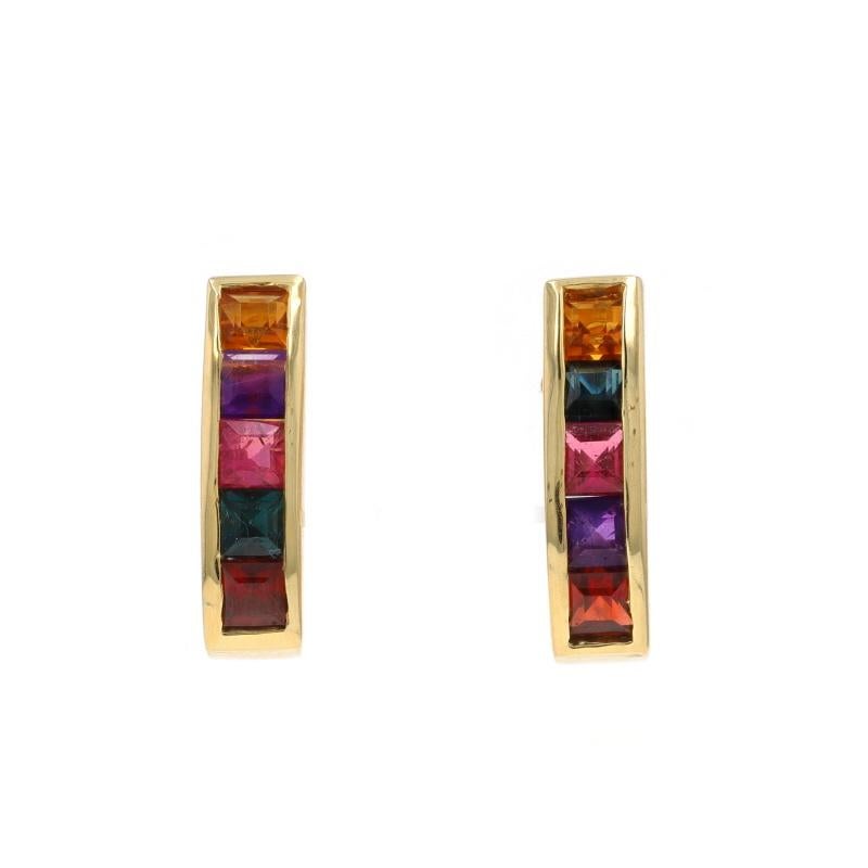 Taille carrée Boucles d'oreilles J-Hook en or jaune 18 carats, grenat, tourmaline, carrée 1,30 ctw percée en vente