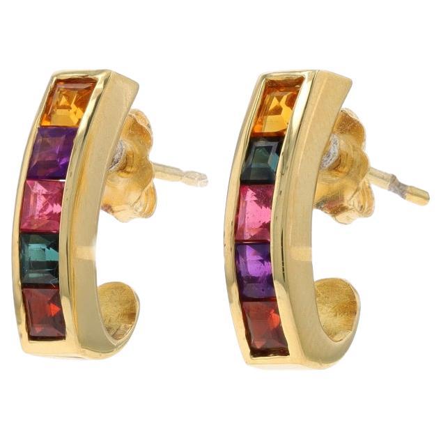 Yellow Gold Garnet Tourmaline J-Hook Earrings 18k Square 1.30ctw Channel Pierced