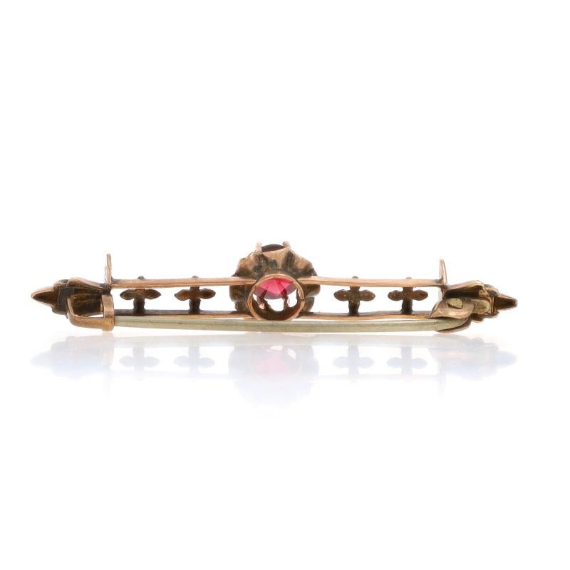 Round Cut Yellow Gold Garnet Victorian Solitaire Bar Brooch - 10k Antique Floral Cross Pin For Sale