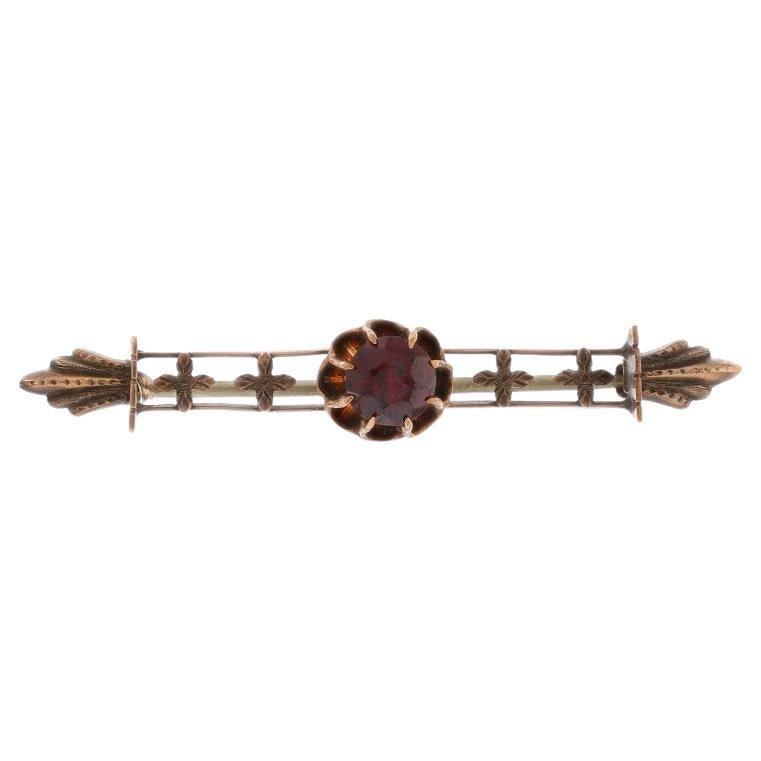 Yellow Gold Garnet Victorian Solitaire Bar Brooch - 10k Antique Floral Cross Pin For Sale