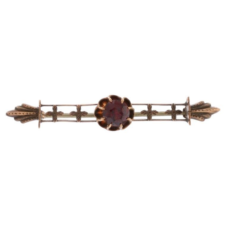 Yellow Gold Garnet Victorian Solitaire Bar Brooch - 10k Antique Floral Cross Pin