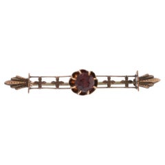 Yellow Gold Garnet Victorian Solitaire Bar Brooch - 10k Antique Floral Cross Pin