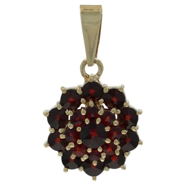 Yellow Gold Garnet Vintage Cluster Halo Pendant - 14k Round Point 1.85ctw Floral