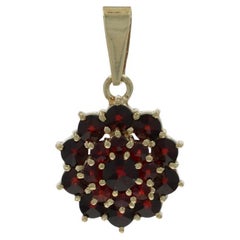 Yellow Gold Garnet Vintage Cluster Halo Pendant - 14k Round Point 1.85ctw Floral