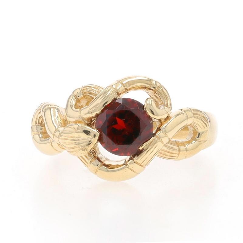 Size: 9
Sizing Fee: Up 2 sizes for $40 or Down 1 1/2 sizes for $30

Era: Vintage

Metal Content: 14k Yellow Gold

Stone Information

Natural Garnet
Carat(s): 1.60ct
Cut: Round
Color: Red

Total Carats: 1.60ct

Style: Solitaire
Theme: Coiled Snake,