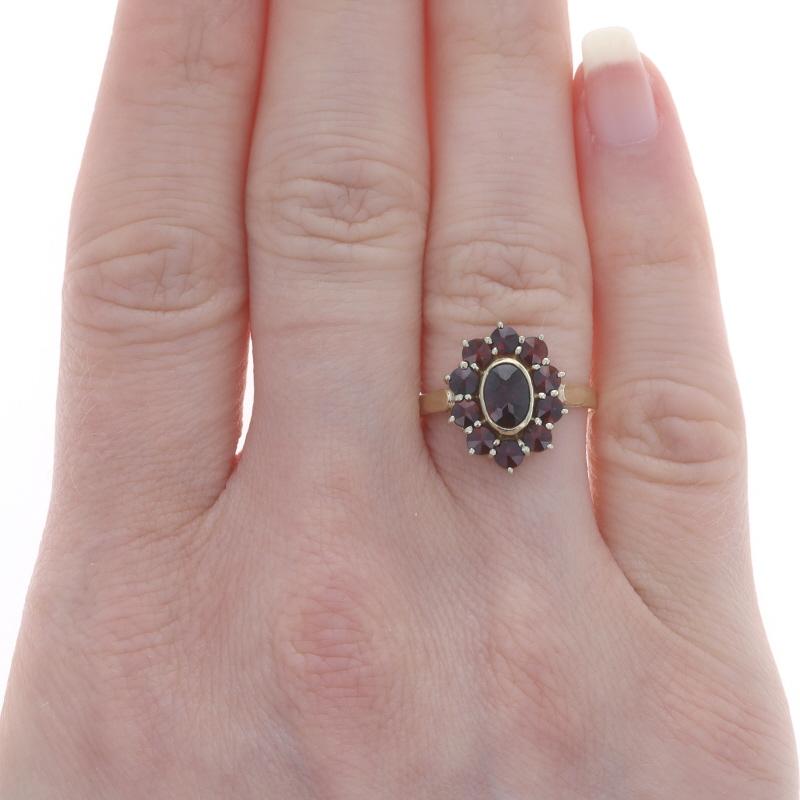 Round Cut Yellow Gold Garnet Vintage Halo Ring - 14k Point Cut Round & Oval 1.67ctw Floral For Sale