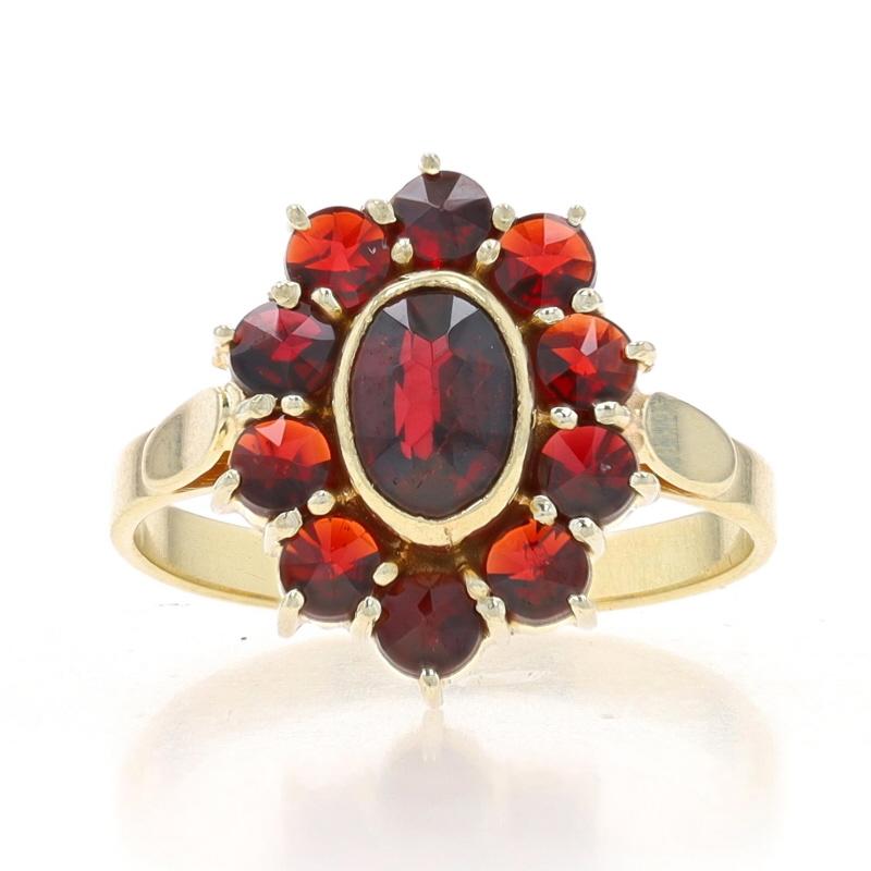 Yellow Gold Garnet Vintage Halo Ring - 14k Point Cut Round & Oval 1.67ctw Floral For Sale