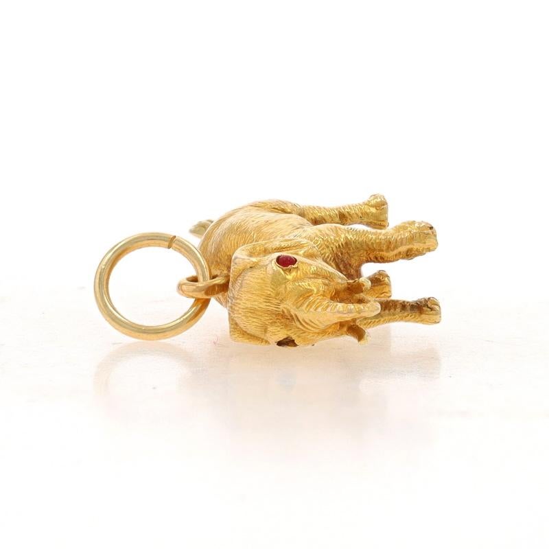 Round Cut Yellow Gold Garnet Walking Elephant Charm - 14k Round Cabochon Pachyderm Pendant For Sale