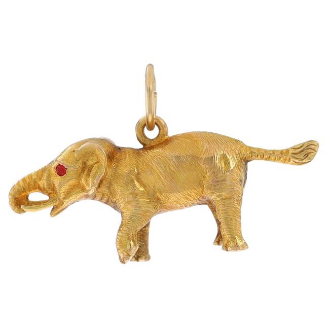 Yellow Gold Garnet Walking Elephant Charm - 14k Round Cabochon Pachyderm Pendant For Sale