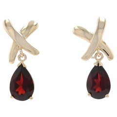 Antique Yellow Gold Garnet X Dangle Earrings, 10k Pear Cut 7.00ctw Pierced