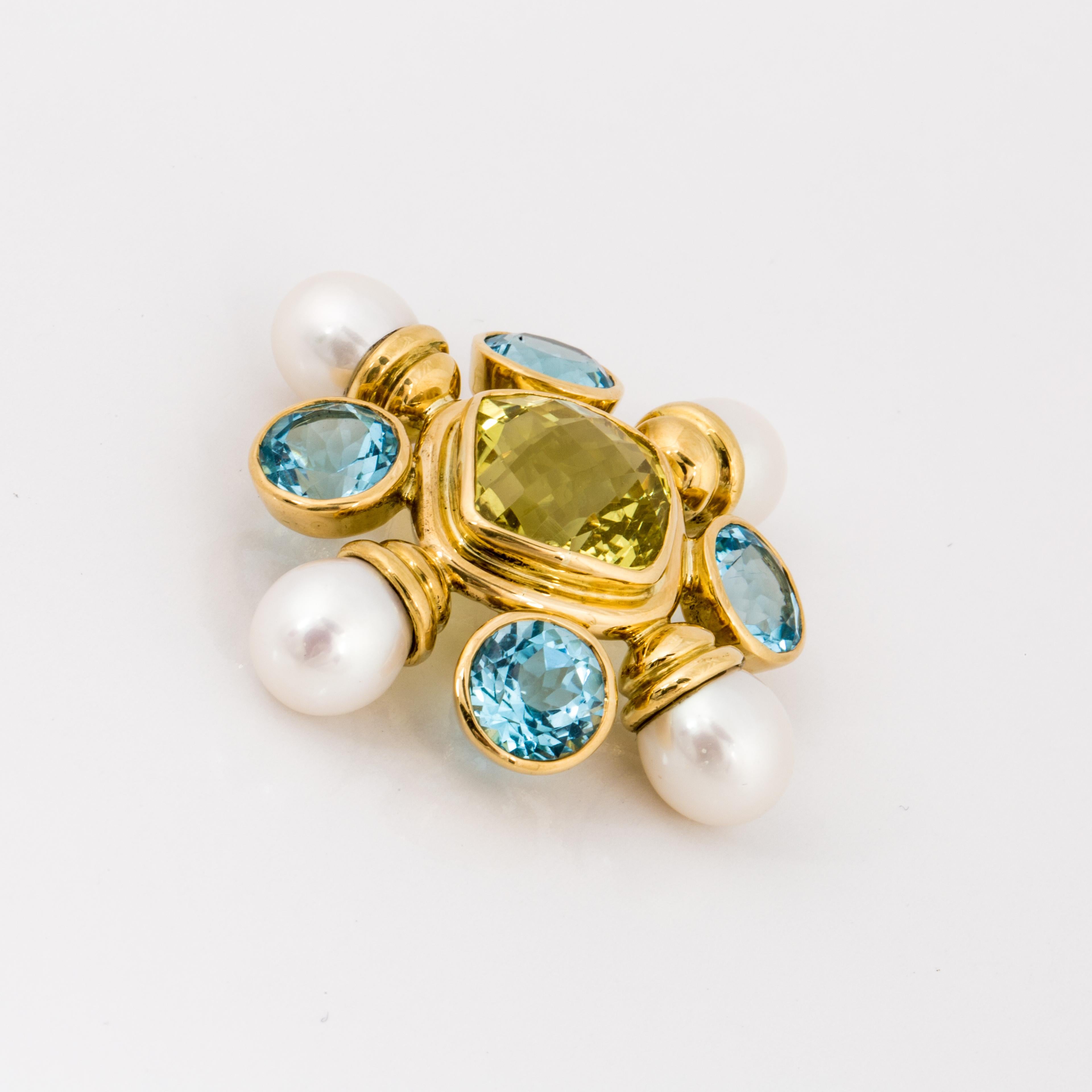 Yellow Gold Gemstone Pearl Brooch In Good Condition In Houston, TX