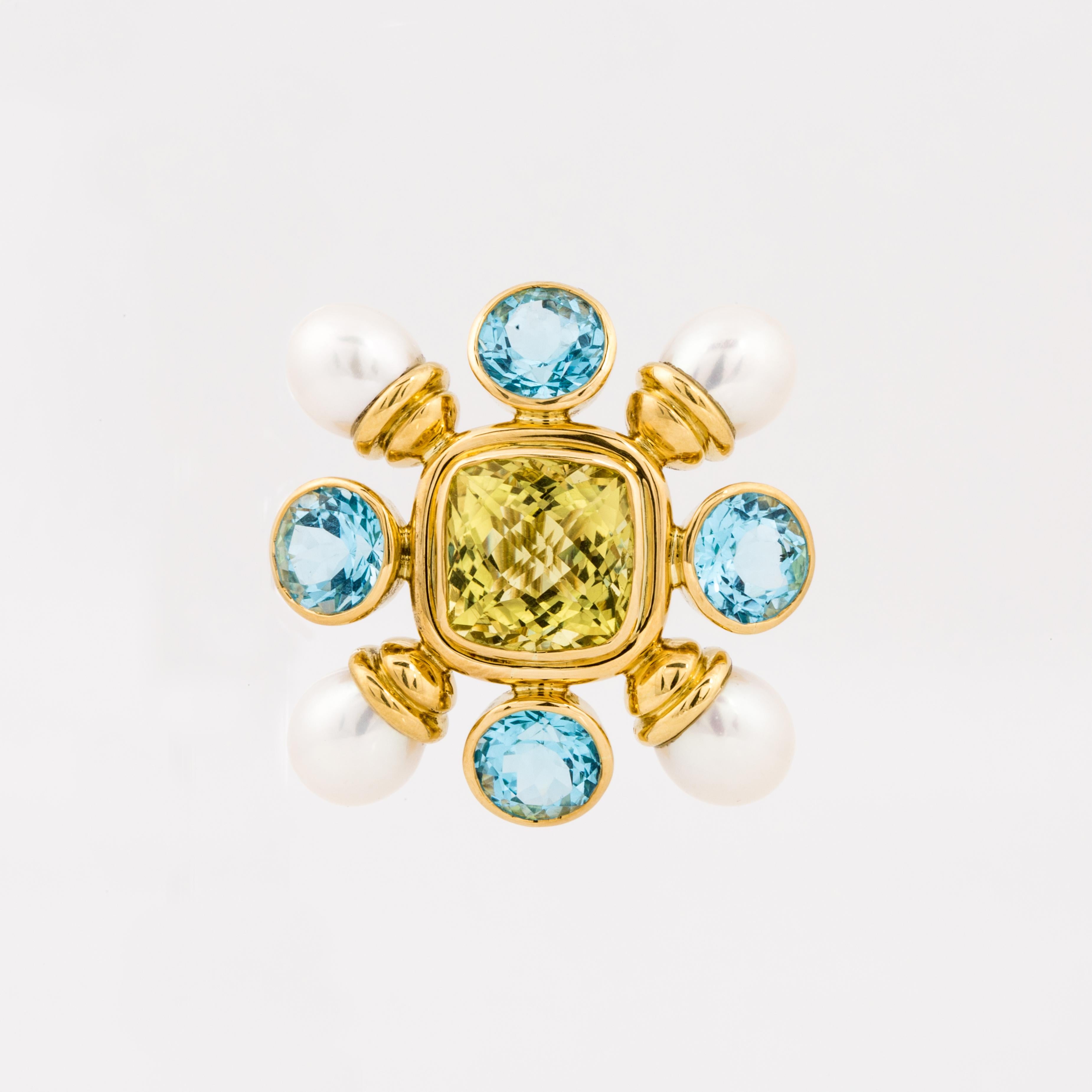 Women's or Men's Yellow Gold Gemstone Pearl Brooch