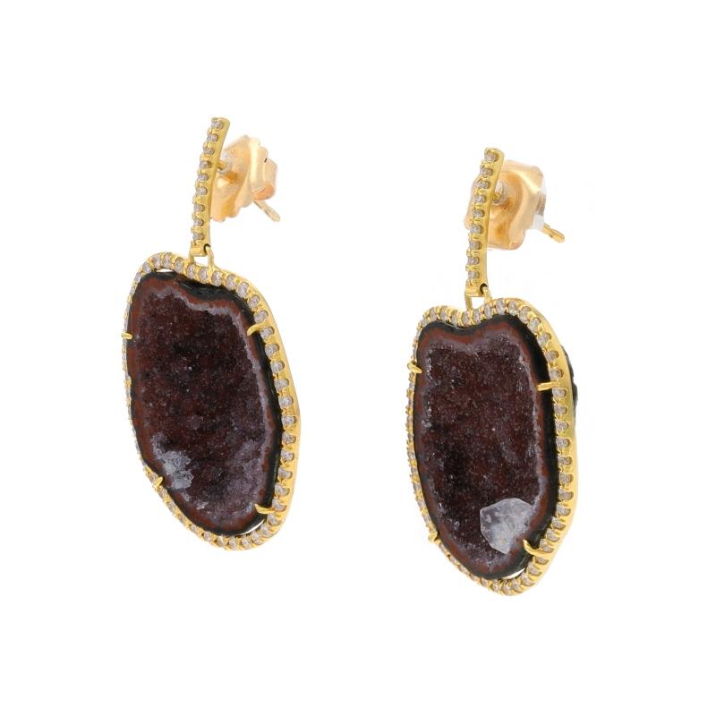 Round Cut Yellow Gold Geode & Diamond Halo Dangle Earrings - 18k 1.50ctw Pierced For Sale