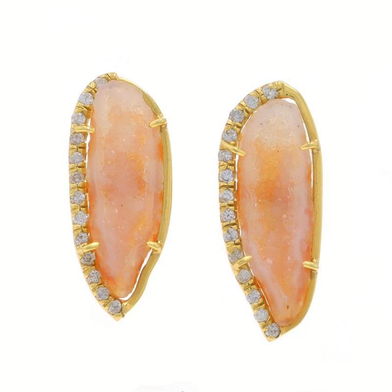Metal Content: 18k Yellow Gold

Stone Information
Natural Geodes
Color: Peach

Natural Diamonds
Carat(s): .40ctw
Cut: Round Brilliant
Color: F - G
Clarity: SI2 - I1

Total Carats: .40ctw

Style: Large Stud
Fastening Type: Butterfly