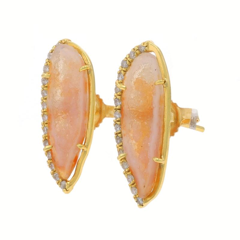 Round Cut Yellow Gold Geode & Diamond Large Stud Earrings - 18k .40ctw Pierced For Sale