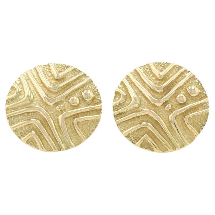 Yellow Gold Geometric Dot Lines Large Stud Earrings - 18k Circles Pierced Italy For Sale