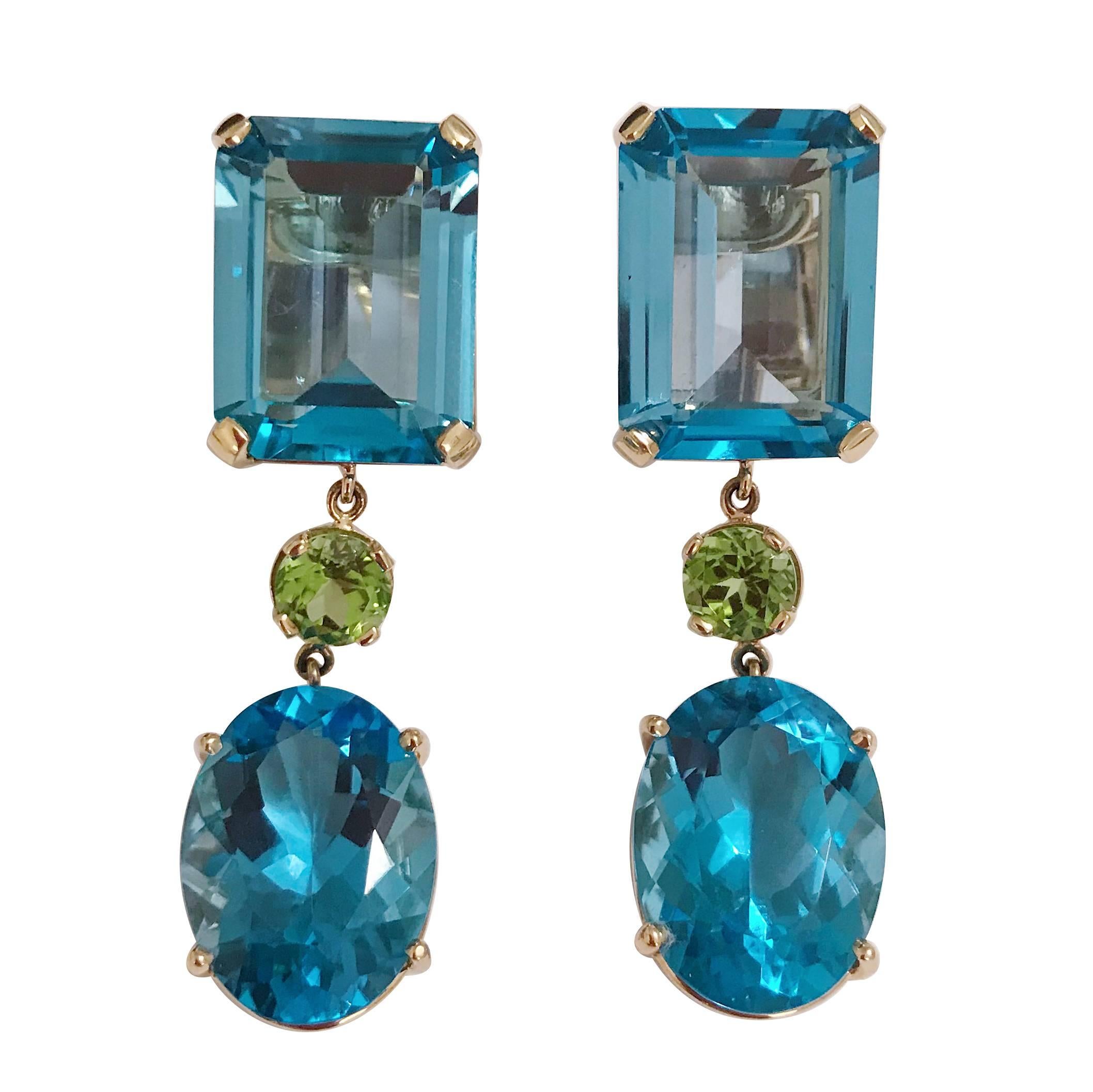 Yellow Gold Geometric Drop Earring with Blue Topaz and Peridot
