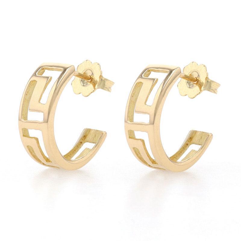 Metal Content: 18k Yellow Gold

Style: Half-Hoop 
Fastening Type: Butterfly Closures
Theme: Geometric 
Features:  Tapered silhouette with open cut design

Measurements
Tall: 19/32