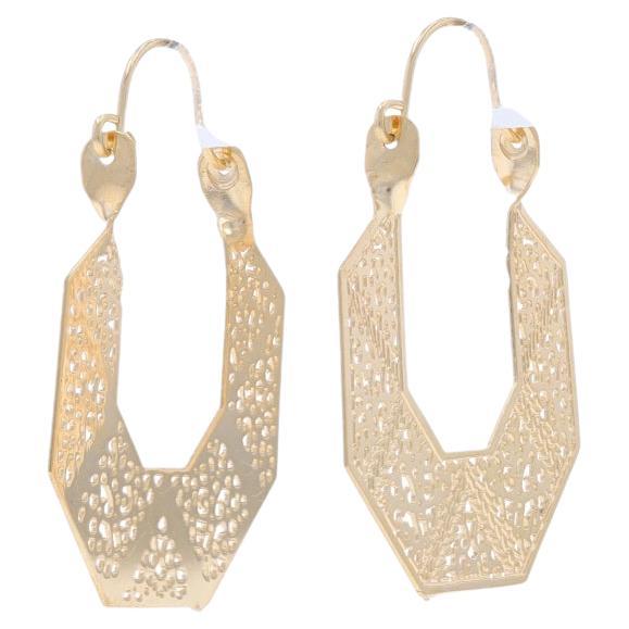 Yellow Gold Geometric Lace Angled Hoop Earrings - 14k Pierced