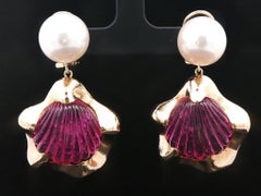 Yellow Gold GIA 34ctw Shell Style Carved Tourmaline Pearl Dangle Drop Earrings