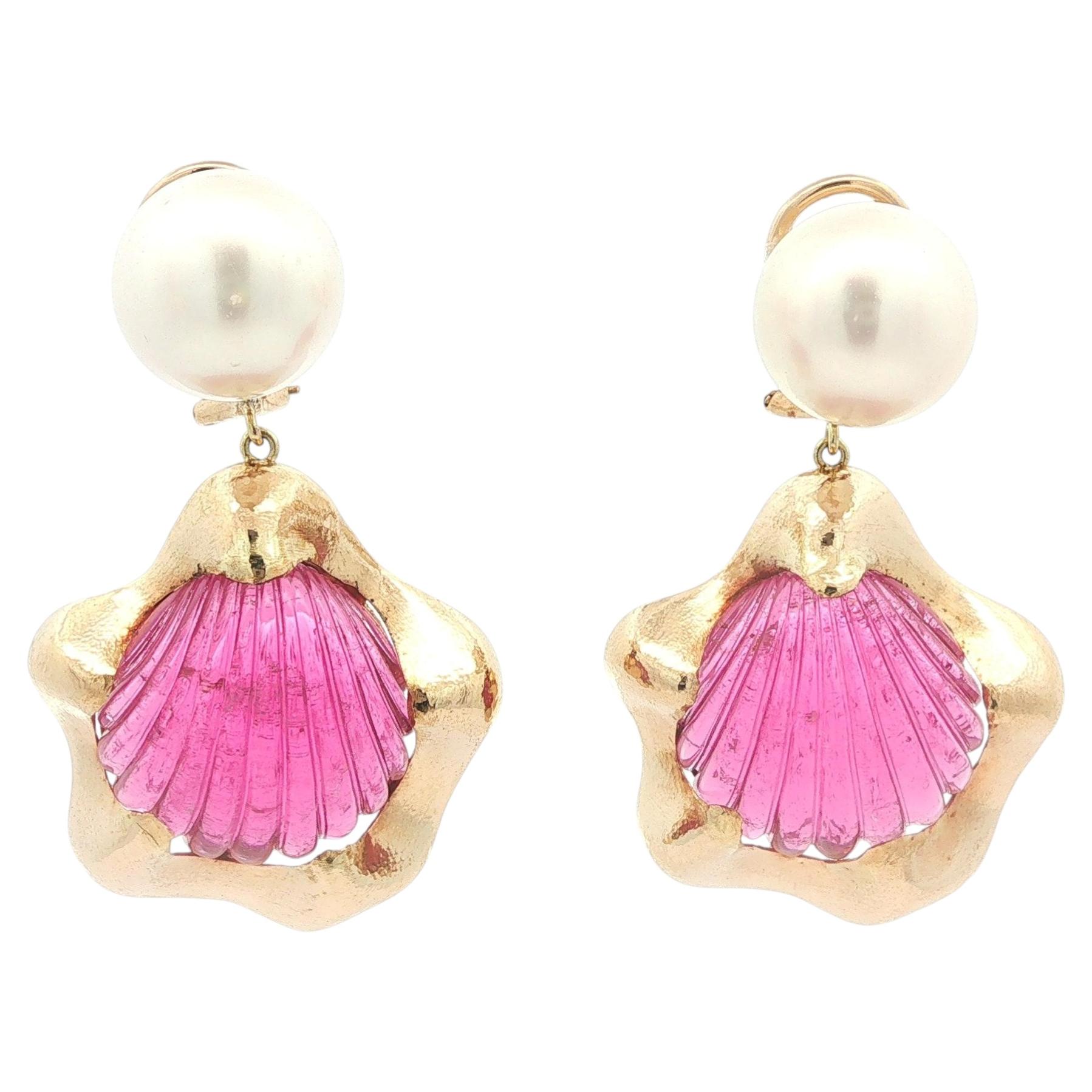Yellow Gold GIA 34ctw Shell Style Carved Tourmaline Pearl Dangle Drop Earrings For Sale