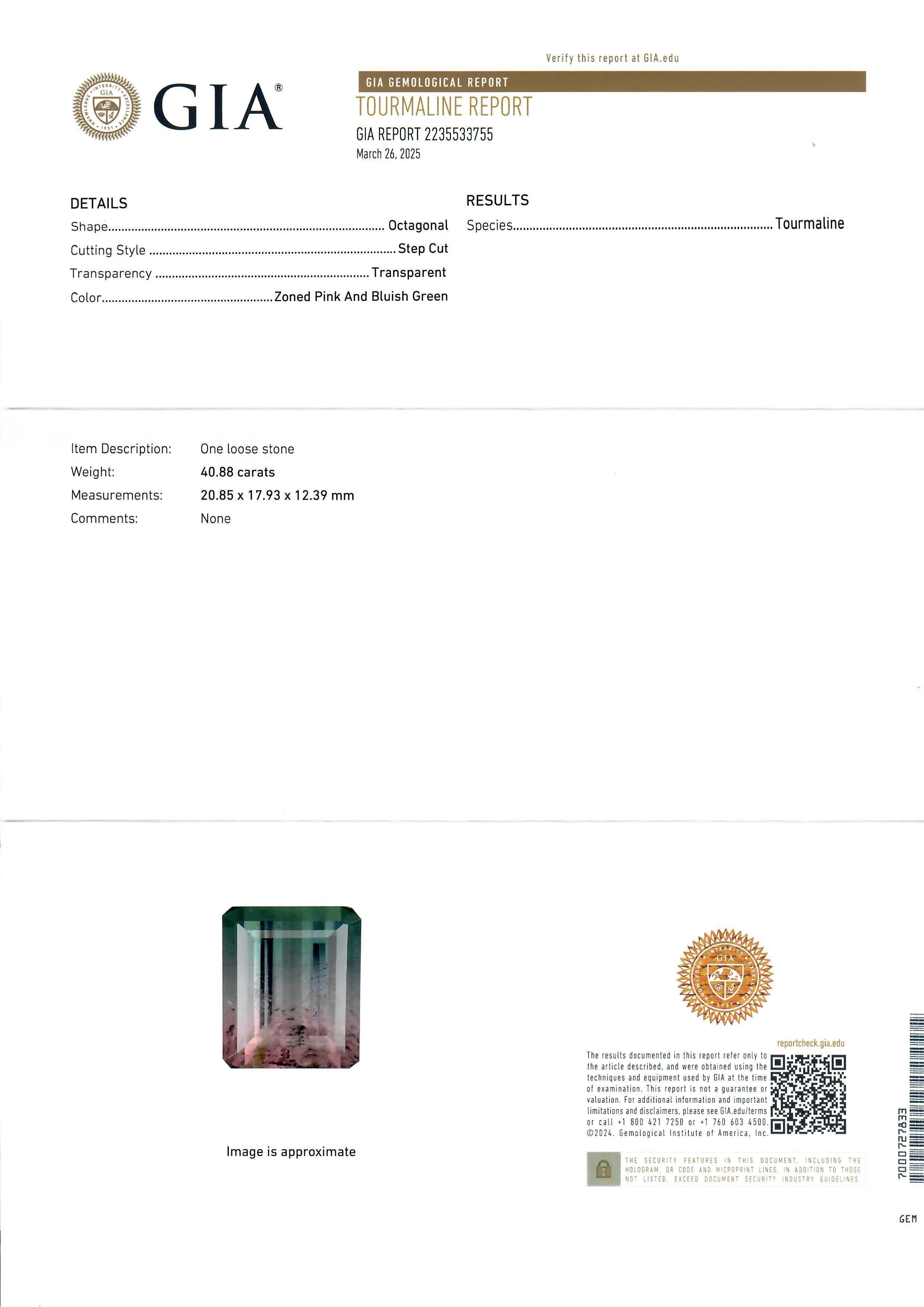 --Stein(e):--
(1) Natürlicher echter Turmalin - achteckiger Stufenschliff - Zackenbesatz - Farbe Wassermelone Rosa Grün - 40,88ct (genau )
** Vollständige Informationen siehe unten unter 