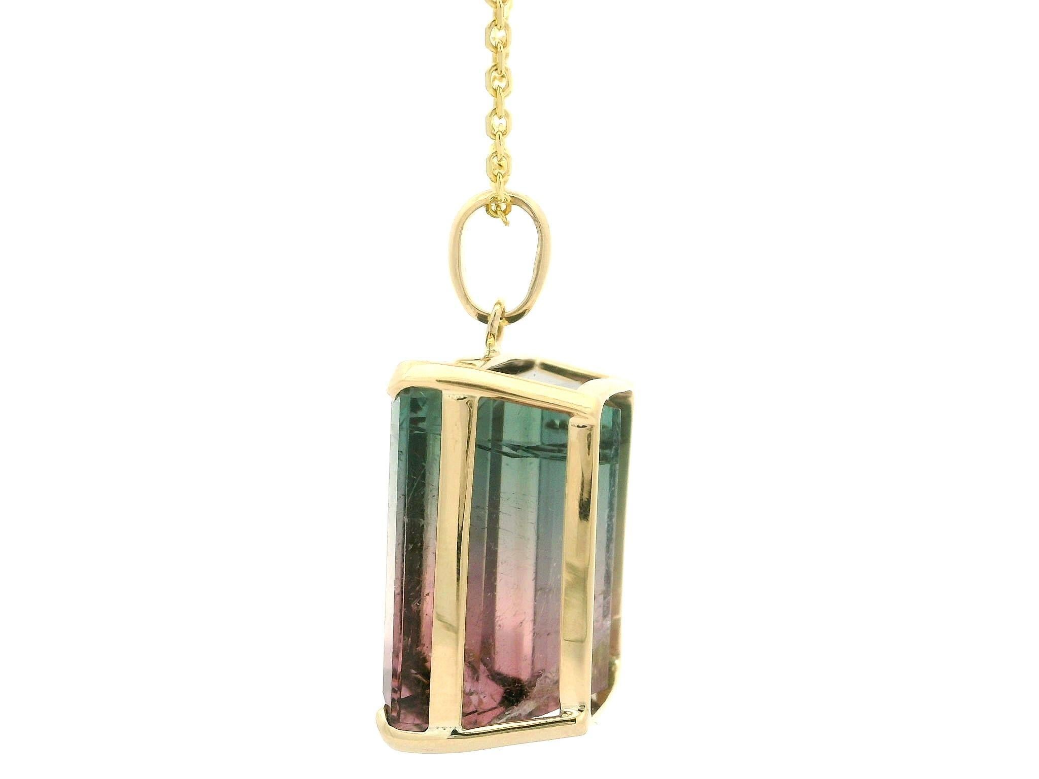 Gelbgold GIA 40,88ct große rosa grüne Wassermelone Turmalin Anhänger Halskette (Smaragdschliff) im Angebot