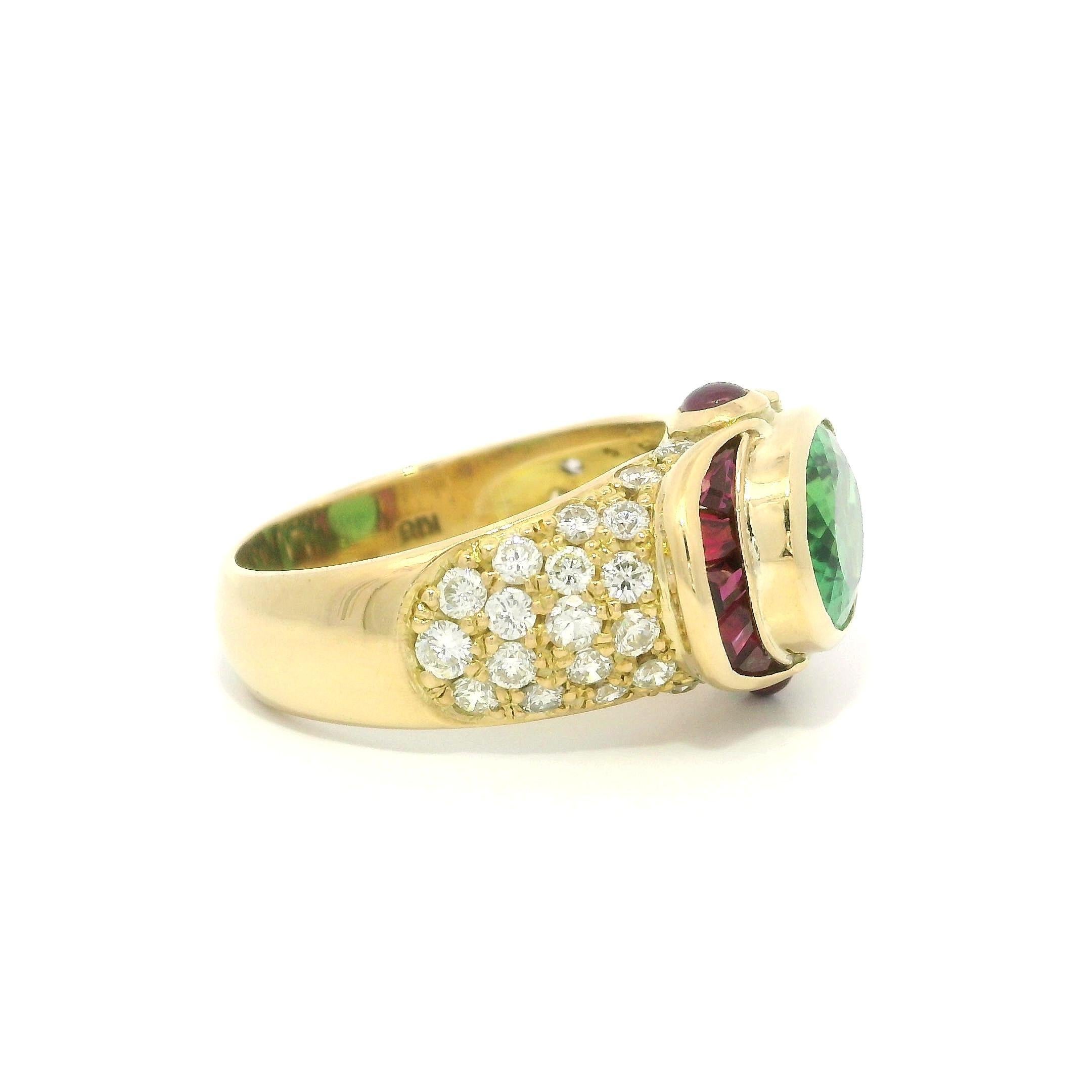 Amazing Rare Brazilian Paraiba Tourmaline w/ Ruby & Diamond Ring
--Stone(s):--
(1) Natural Genuine Paraiba Tourmaline - Oval Brilliant Cut - Bezel Set - Brazilian - Fiery & Brilliant - Green Color - 3.63ct (exact)
** See Certification Details Below