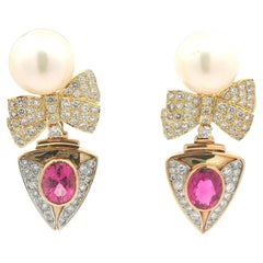 Boucles d'oreilles en or jaune GIA Oval 8.35ct Pink Diamond Tourmaline Pearl Bow Night Day