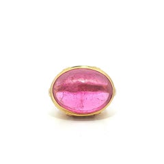 Yellow Gold GIA Oval Cabochon Pink Tourmaline & Diamond Accents Dual Finish Ring