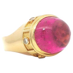 Yellow Gold GIA Oval Cabochon Pink Tourmaline & Diamond Accents Dual Finish Ring