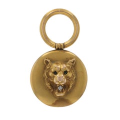 Gelbgold Glas Diamant Edwardian Lion's Head Fob - 14k Runde Cabochon Antik