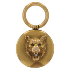 Gelbgold Glas Diamant Edwardian Lion's Head Fob - 14k Runde Cabochon Antik