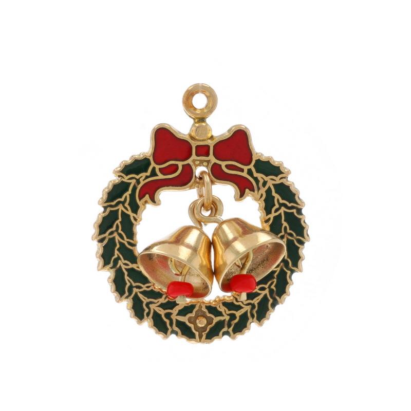 Metal Content: 14k Yellow Gold

Stone Information

Glass
Cut: Beads

Enamel

Theme: Holiday Wreath, Christmas Bells
Features: Bells Move

Measurements

Tall (from stationary bail): 1
