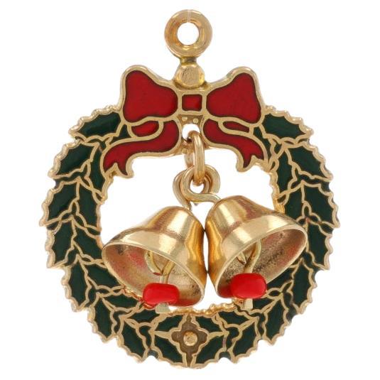 Yellow Gold Glass Enamel Holiday Wreath Charm - 14k Beads Christmas Bells For Sale