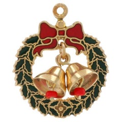 Yellow Gold Glass Enamel Holiday Wreath Charm - 14k Beads Christmas Bells
