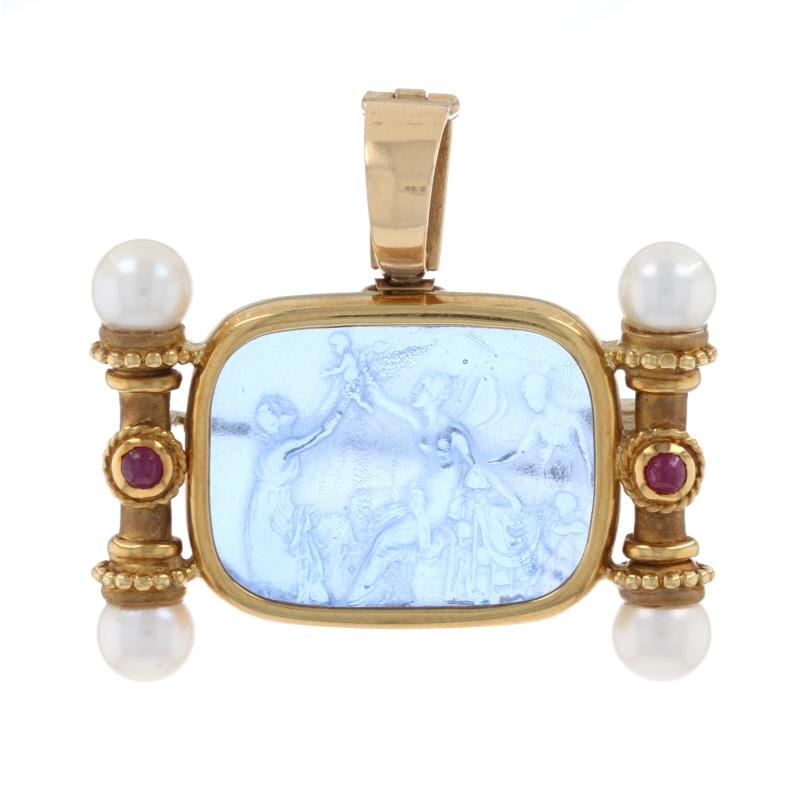 Metal Content: 18k Yellow Gold

Stone Information

Glass
Cut: Cameo

Natural Rubies
Treatment: Heating
Carat(s): .14ctw
Cut: Round Cabochon
Color: Pinkish Red

Cultured Pearls
Color: White

Total Carats: .14ctw

Style: Brooch 
Fastening Type: Hinged