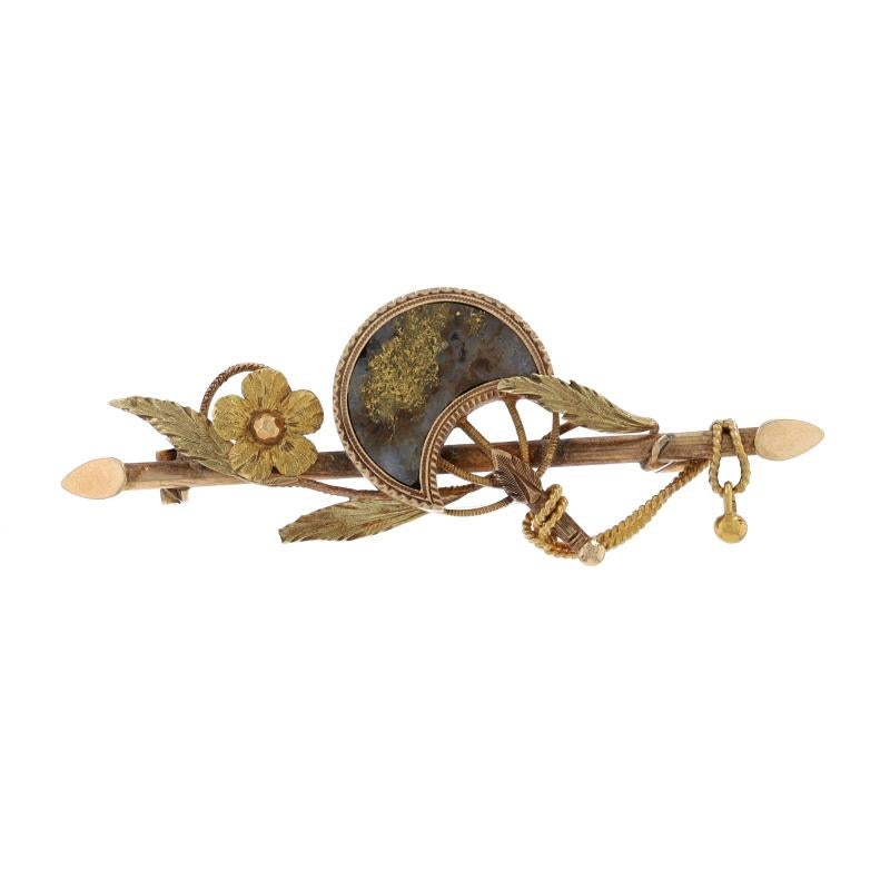 Era: Victorian
Date: 1870s - 1880s

Metal Content: 14k Yellow Gold

Stone Information
Natural Gold in Quartz

Style: Bar Brooch
Fastening Type: Hinged Pin and Covered C-Clasp
Theme: Floral Crescent Fan
Features: Smoothly finished with etched &