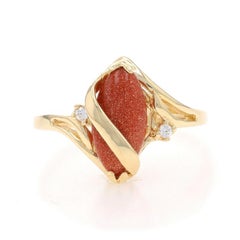 Yellow Gold Goldstone & Cubic Zirconia Bypass Ring - 14k Marquise Cabochon