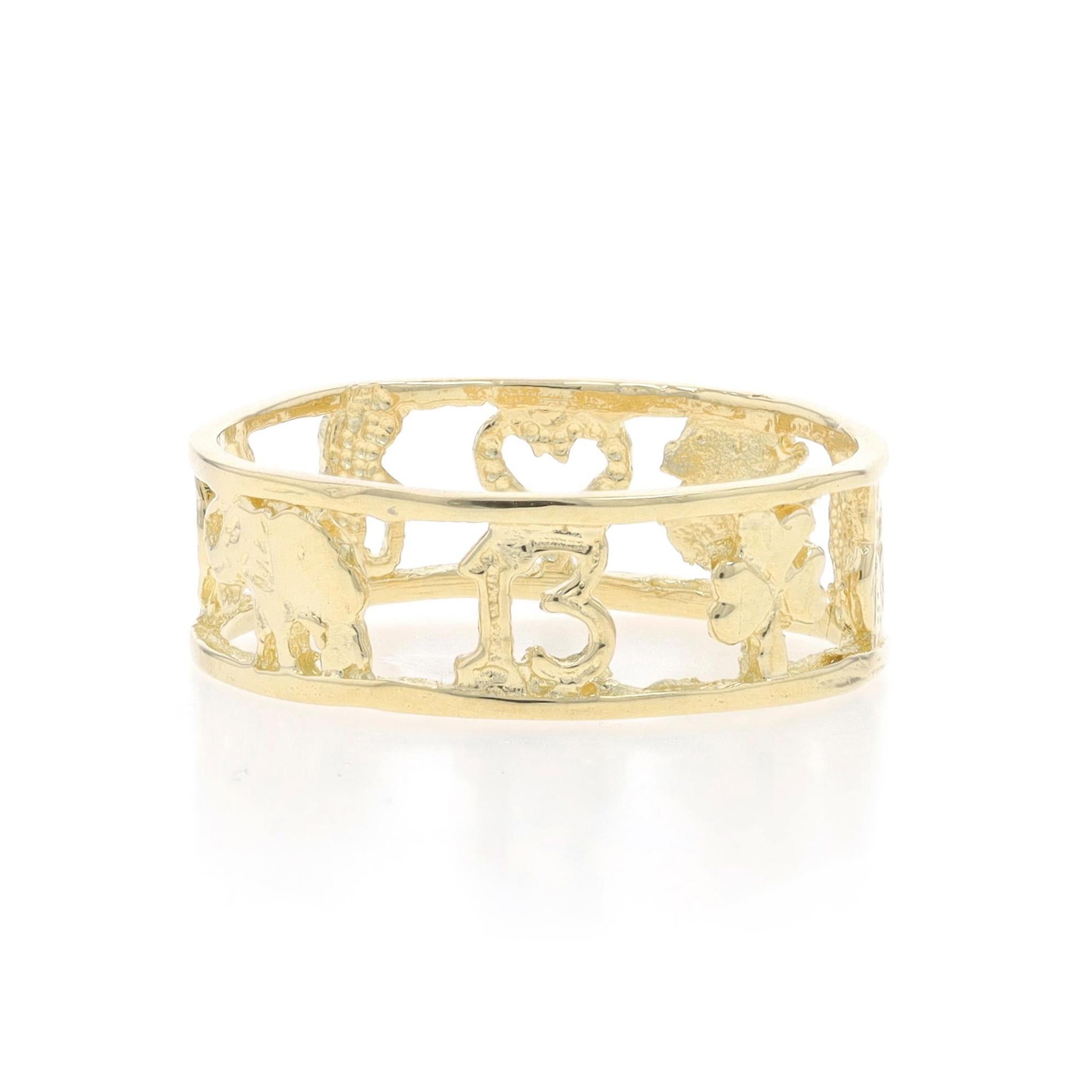 Size: 8 1/2

Metal Content: 14k Yellow Gold

Style: Statement Band
Theme: Good Luck Symbols
Features: Design spans the entire band's perimeter

Measurements

Face Height (north to south): 9/32