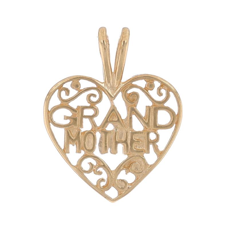 Metal Content: 14k Yellow Gold

Theme: Grandmother Scrollwork Heart, Love Gift
Features: Open Cut Scrollwork Design

Measurements

Tall (from stationary bail): 25/32