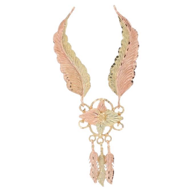 Yellow Gold Grape Leaf Feather Dangle Pendant - 10k For Sale