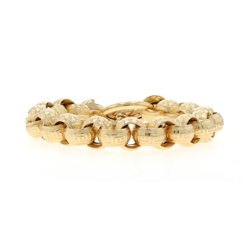 Contenido de metal: Oro amarillo de 14 quilates

Estilo de cadena: Cable
Estilo de pulsera: Cadena
Tipo de cierre: Cierre de palanca
Tema: Llave griega, Gato salvaje

Medidas

Ancho de cadena: 15/32